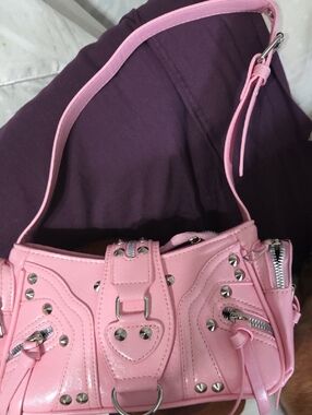 Studded Pink Shoulder Bag with Buckle Accent